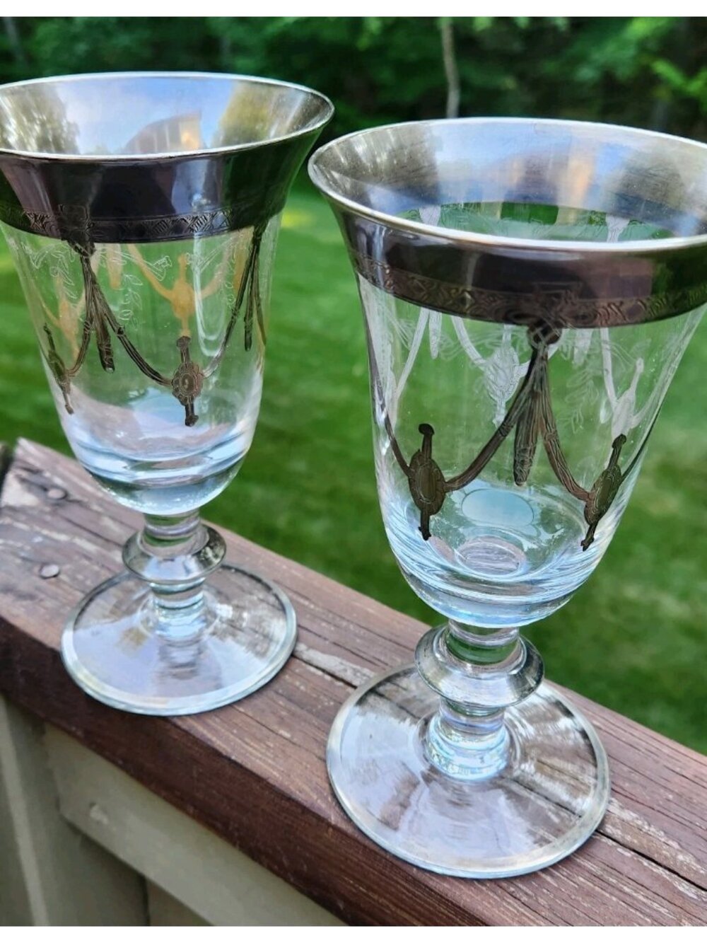 Pair Arte Italica Silver Overlay Laurel Wreath Bowtie Wine Water Goblet Glass 6"